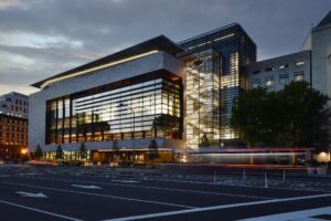 Johns Hopkins Carey Business School front facade Penn evening