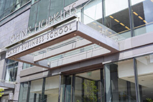 Johns Hopkins Carey Business School building front facade during the day